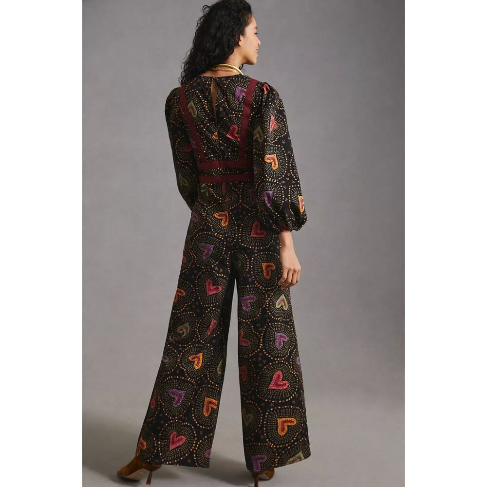 Anthropologie Farm Rio Deep-V Hearts Print Wide-Leg Jumpsuit Size Medium - Picture 2 of 7